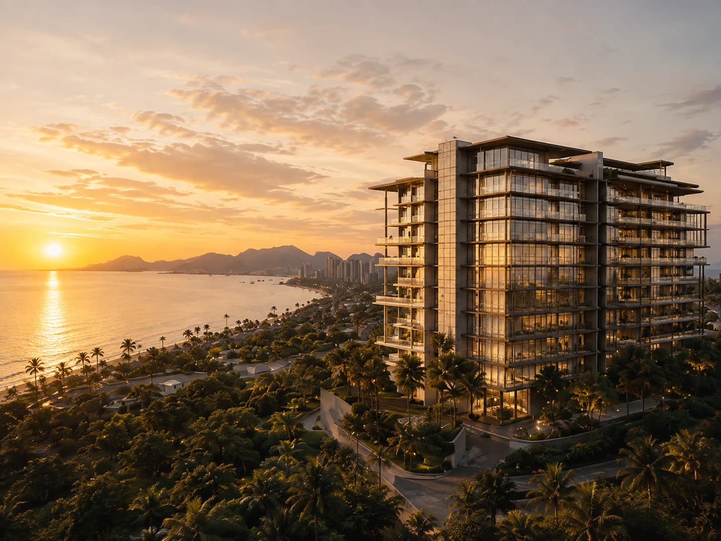 Toàn cảnh The Meridian Residence bên bờ biển trong ánh hoàng hôn