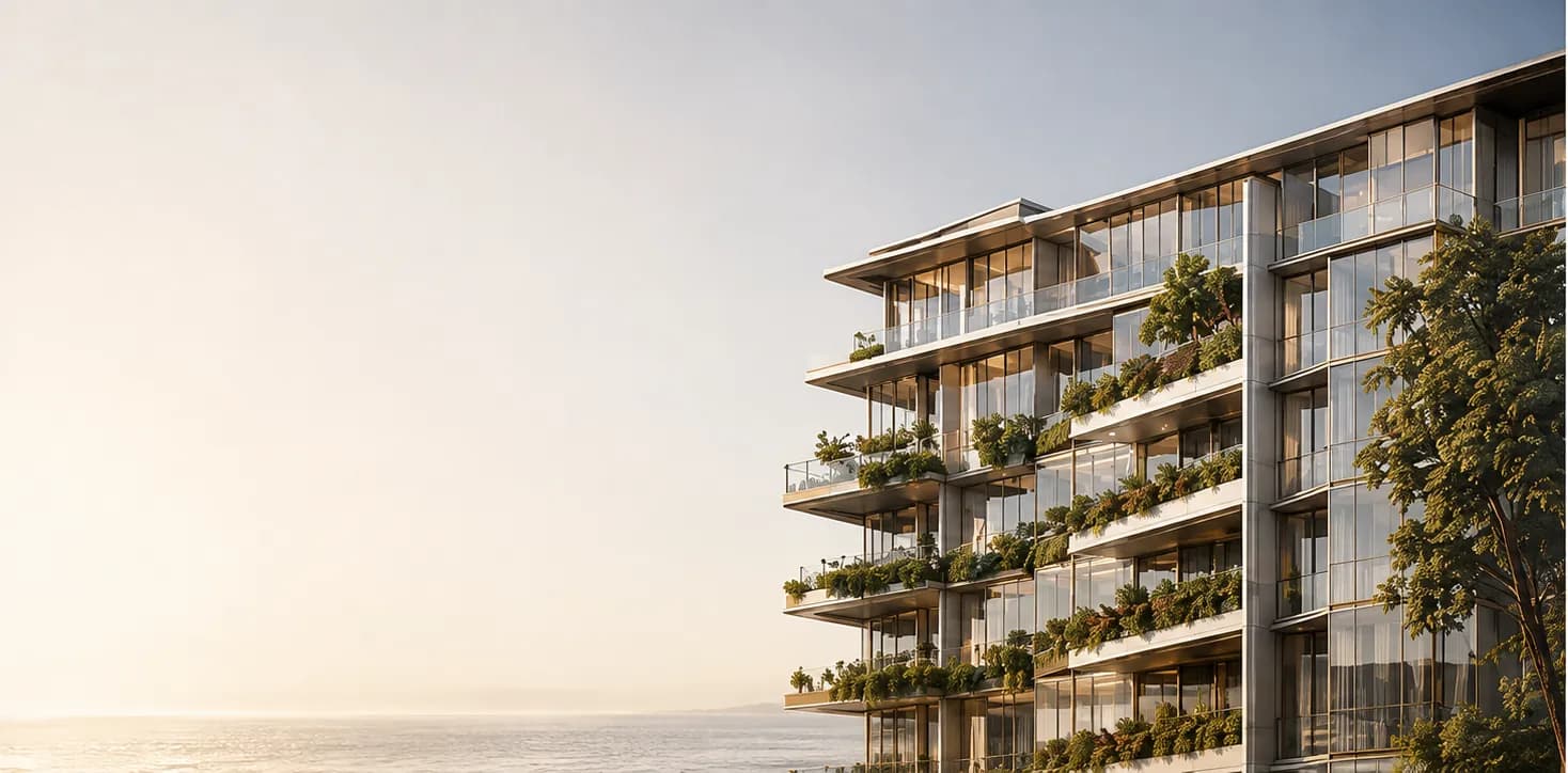 Mặt đứng The Meridian Residence với hệ ban công cây xanh nhìn ra biển