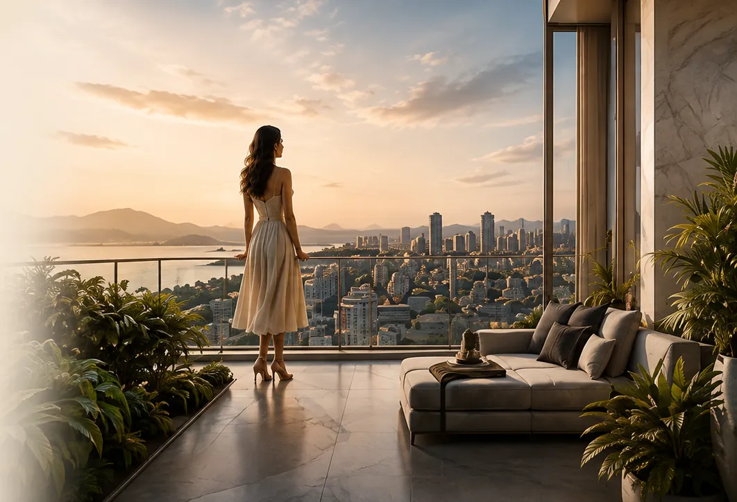 Cư dân đứng trên ban công căn hộ ngắm hoàng hôn trên vịnh Quy Nhơn