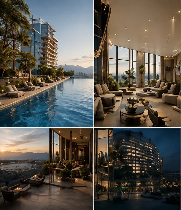 Bốn khung cảnh tiện ích: hồ bơi vô cực, sảnh lounge, sân thượng lúc hoàng hôn và toà tháp lên đèn buổi tối