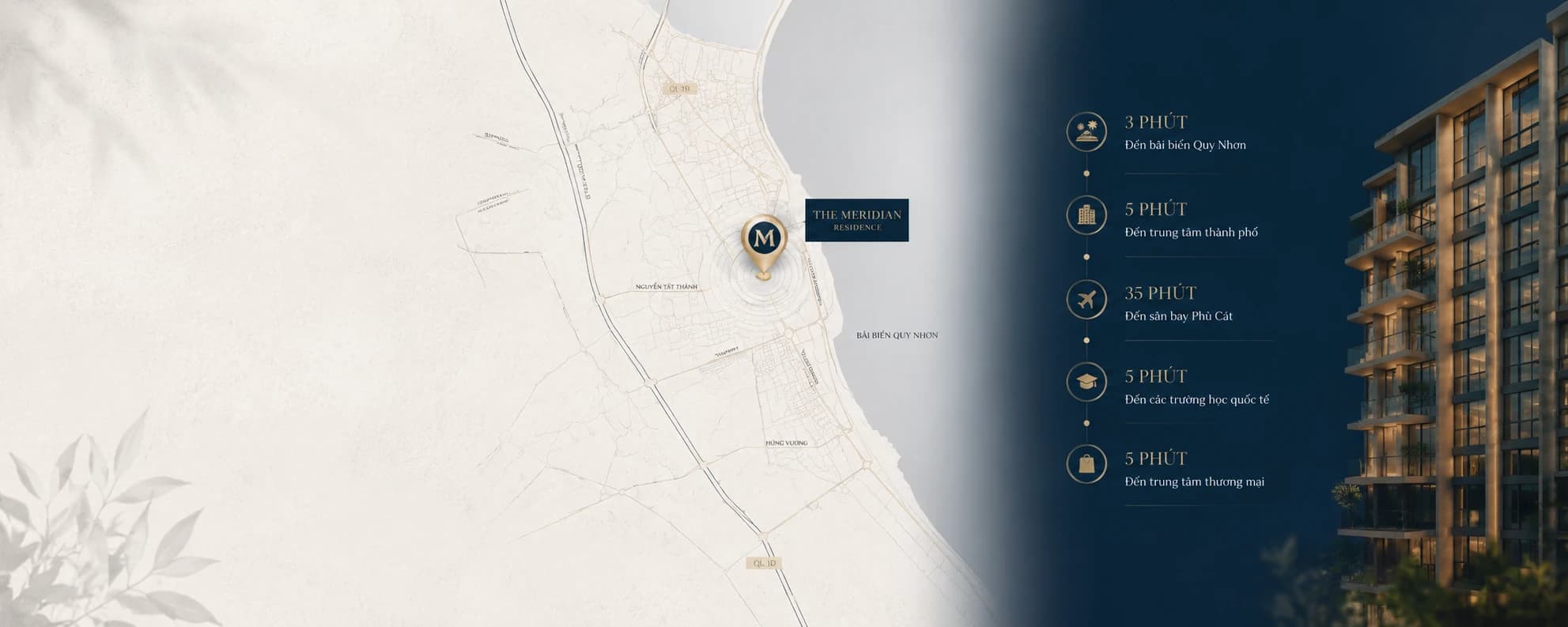 Bản đồ vị trí The Meridian Residence tại Quy Nhơn, kèm các mốc di chuyển 3 phút đến bãi biển, 5 phút đến trung tâm thành phố, 35 phút đến sân bay Phù Cát, 5 phút đến trường học quốc tế và trung tâm thương mại