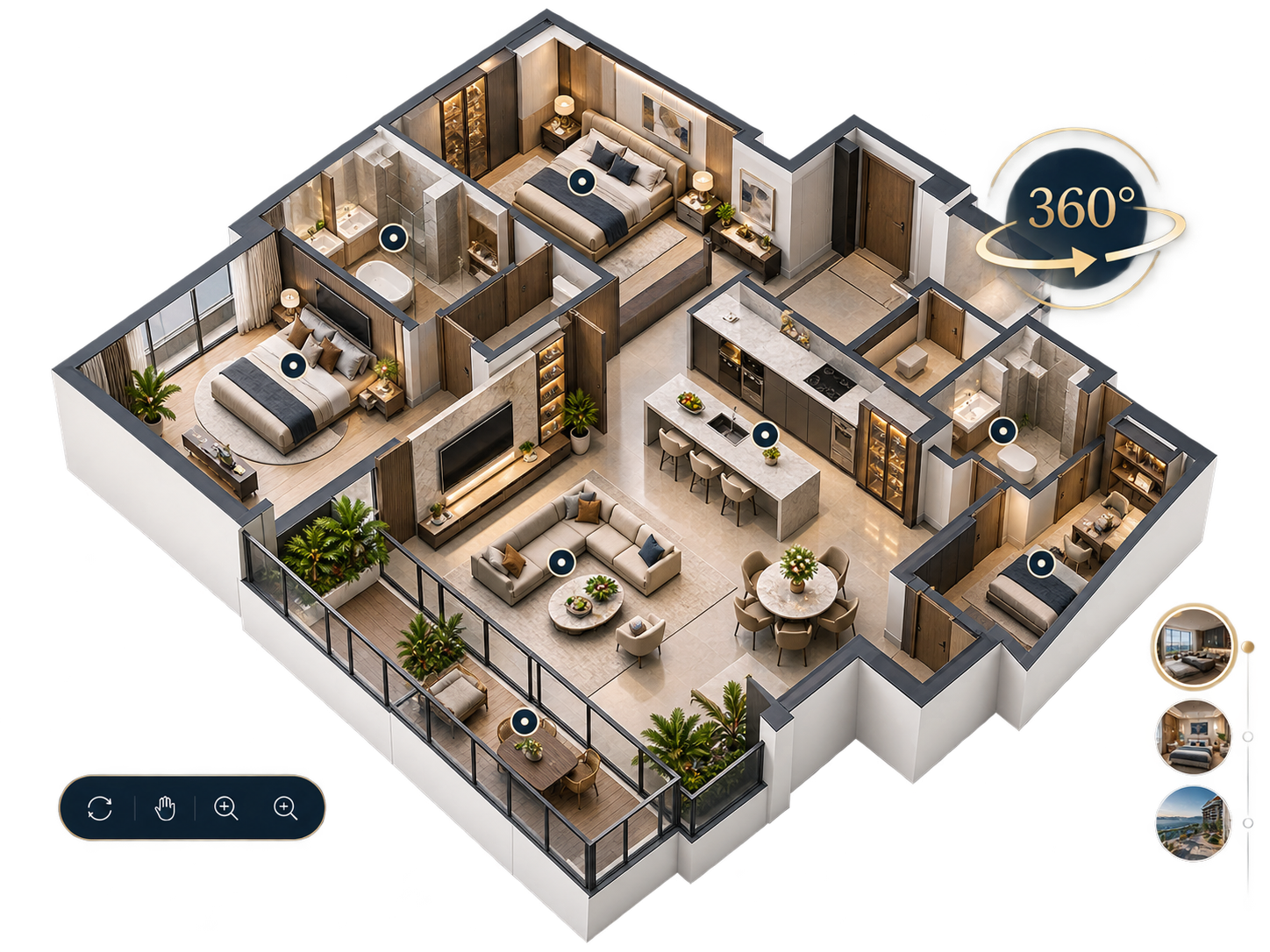 Mặt bằng căn hộ 2 phòng ngủ 3D 360 độ